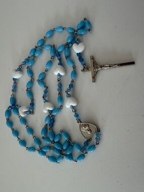Blue and White Heart Rosary Necklace